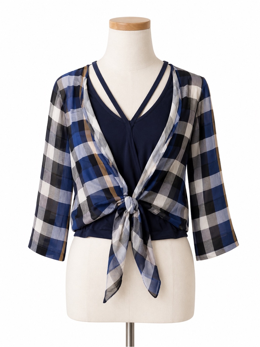 Very J Size Small Blue Plaid Tie Front Blouse 3/4 Sleeve Layered Top